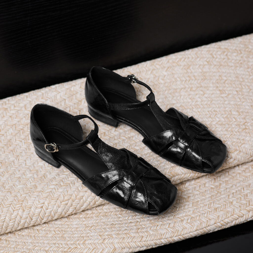 Women's Genuine Sheepskin Fisherman Sandals, Handmade Woven T-Strap Closed Toe Flat Shoes