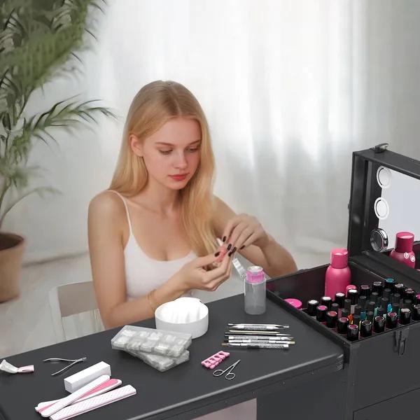 Portable Nail Art Table W& LED Mirror, Bluetooth, Lockable Drawers, Telescopic Pole - Folding Manicure Station For Salons - Black - Image 3