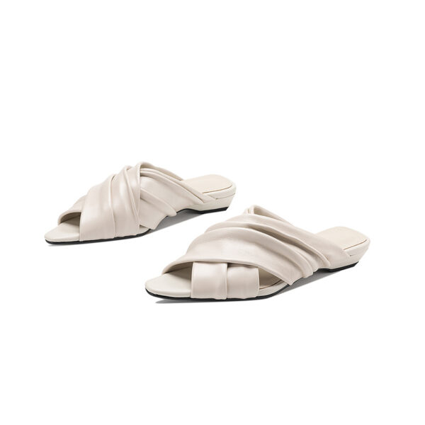 Women's Ruched Lambskin Slide Sandals, Square Toe Handmade Leather Flat Mules - Image 7